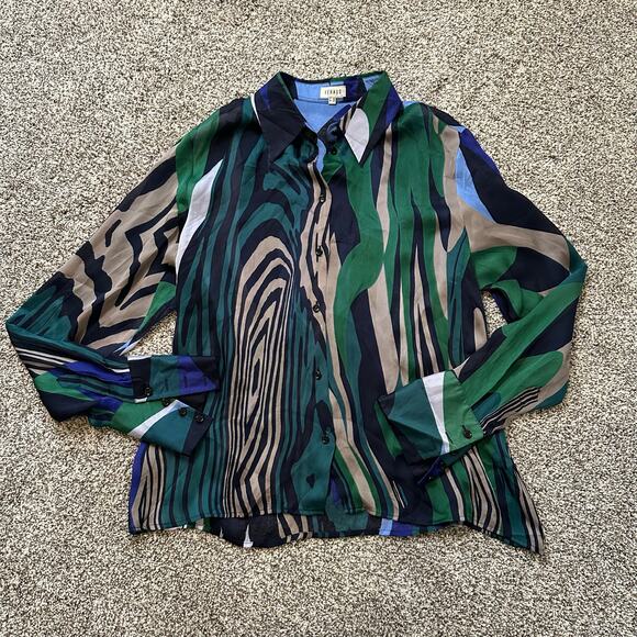 Feraud black, green, blue & purple button down silk top size 44 - Picture 5 of 11